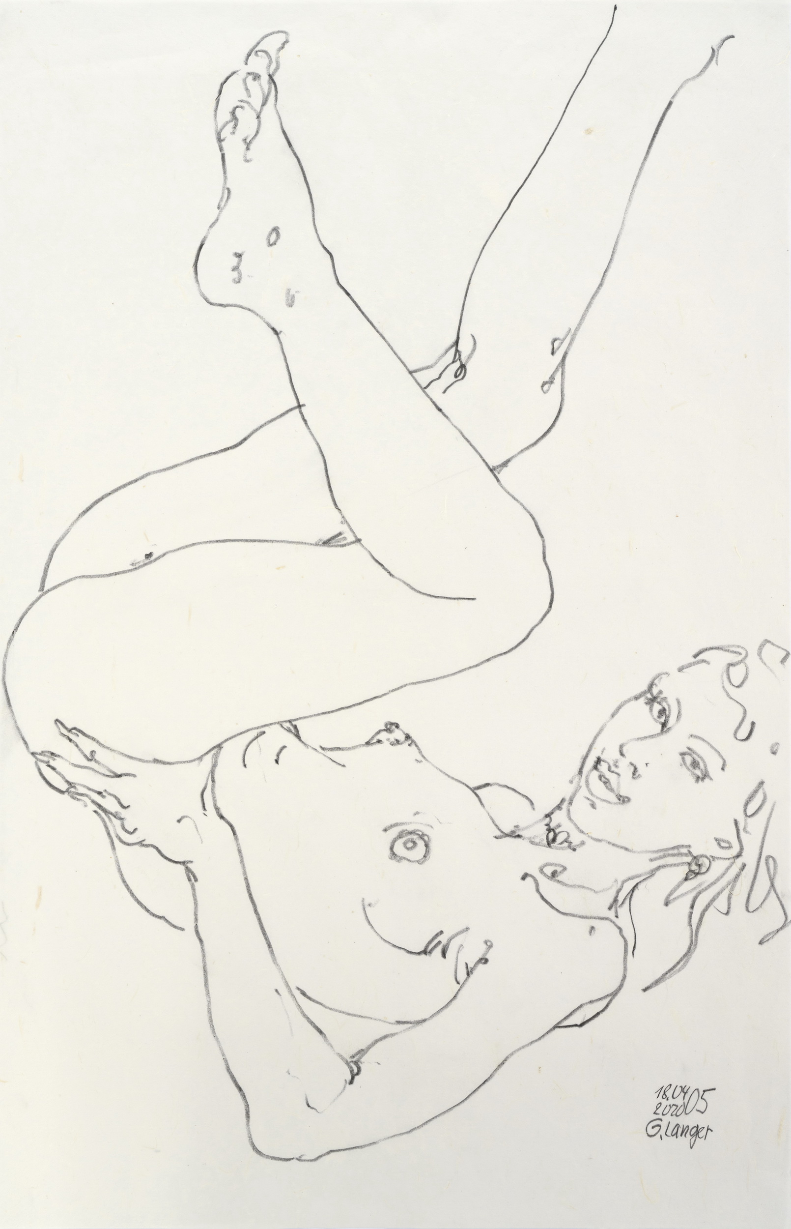 Gunter Langer, Liegender Mädchenakt mit hochgestreckten Beinen, 2020, Zeichnung, Chinapapier, 70 x 46 cm